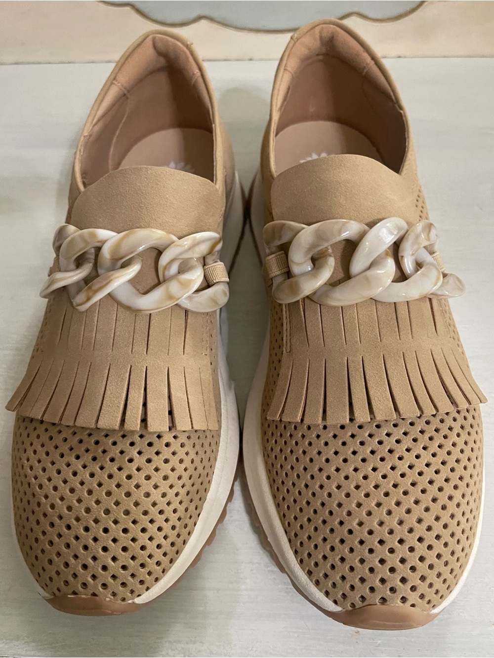 Yellow Box Beige Fringe Chain Slip-On Sneakers